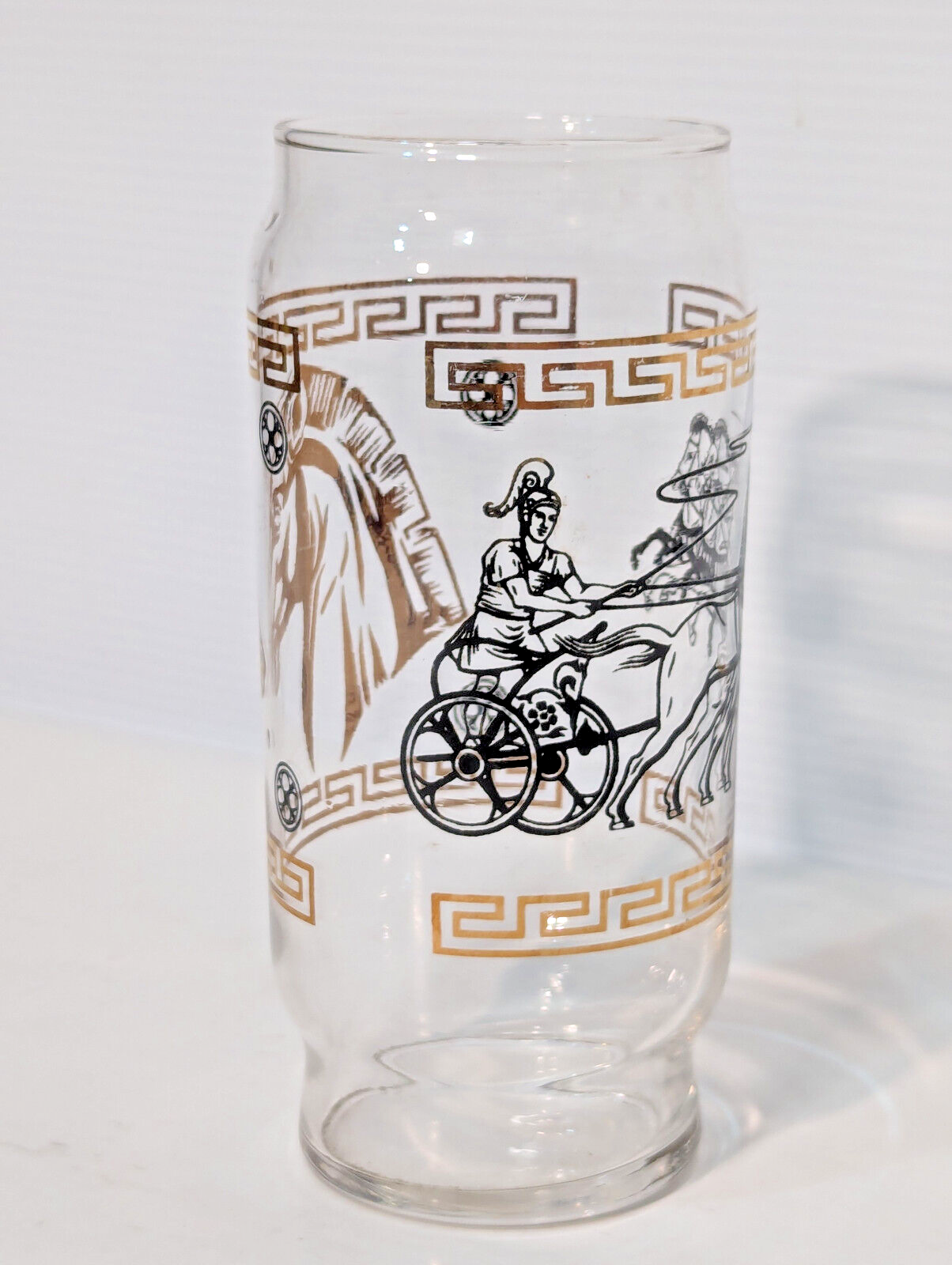 Vintage MCM Roman Greek Horse Chariot Gold Metallic Drinking Glass, Tumbler
