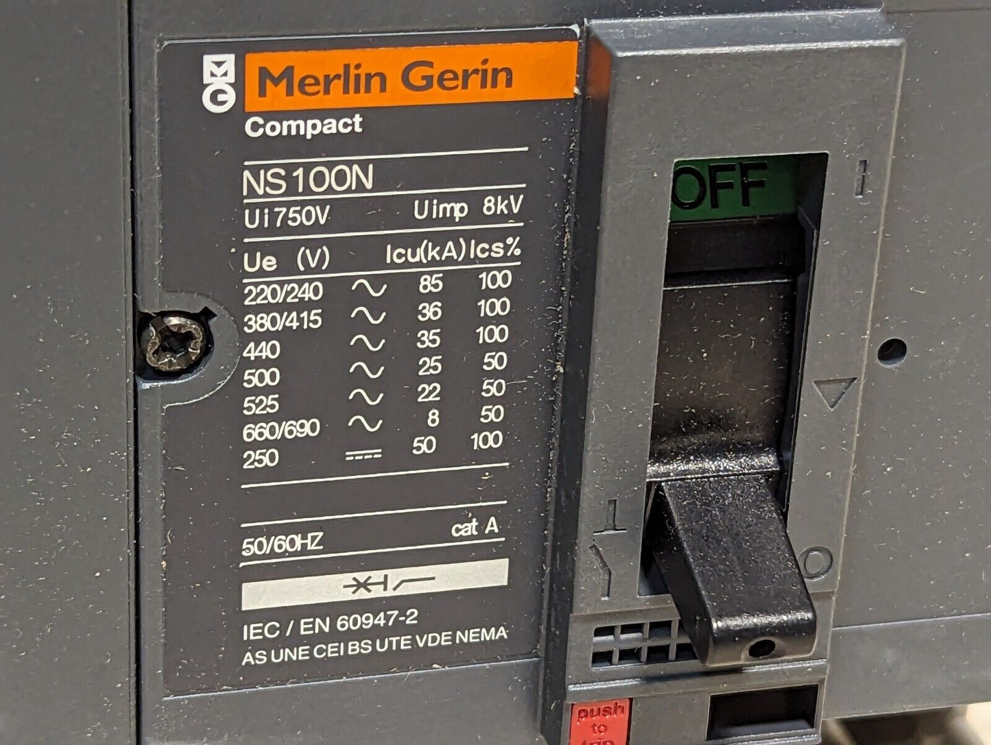 Merlin Gerin 29008 compact circuit breaker, NS100N, 100A, 4P