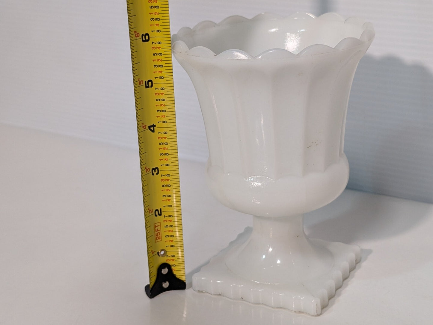 Vintage Hazel Atlas Milk Glass Grecian Style Pedestal Scalloped Compote Vase