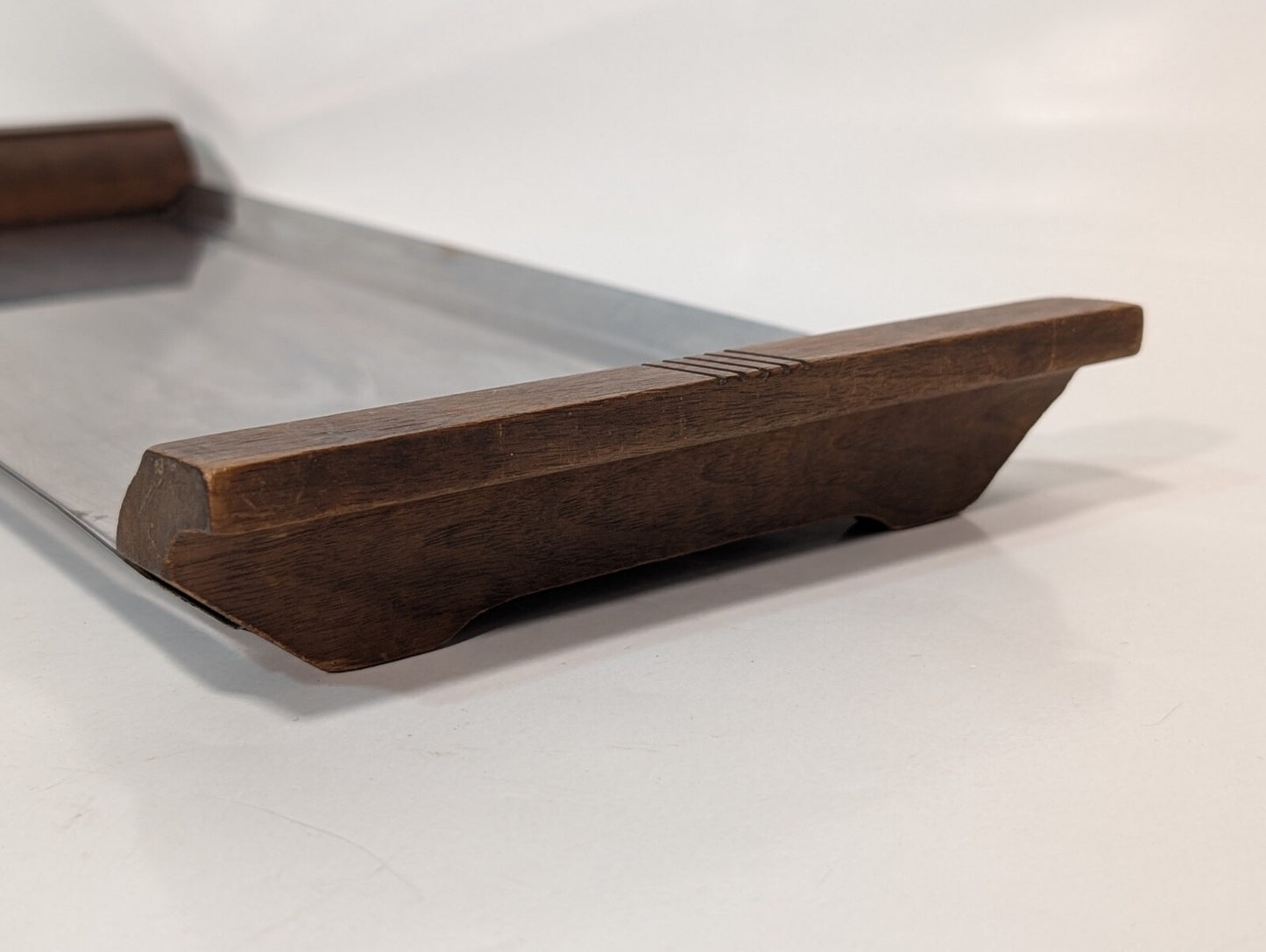 Vintage MCM Stainless Steel Serving Tray with Wooden Handles, 7-3/4" x 19"
