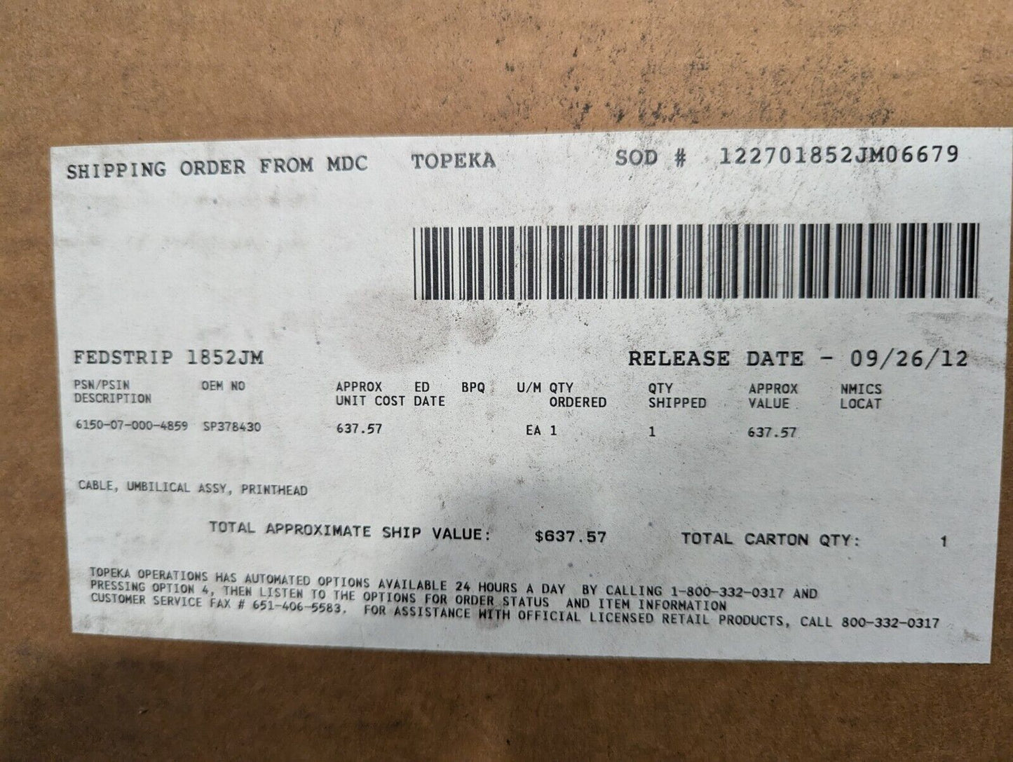 Videojet SP378430 cable, umbilical assembly, printhead - Free Shipping