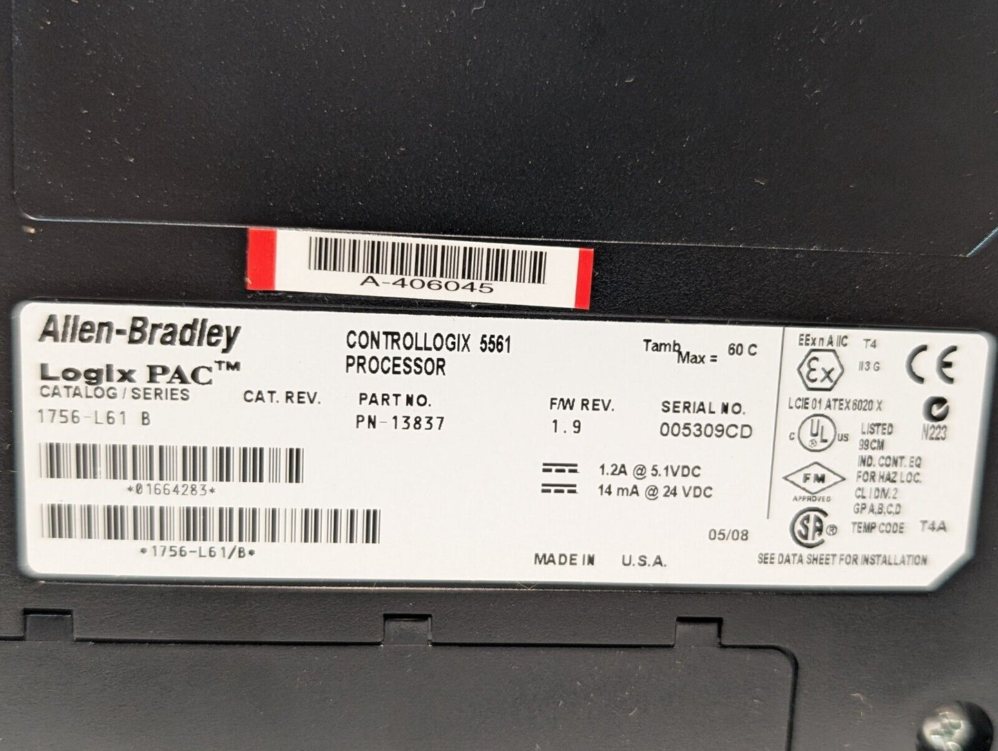 Allen Bradley 1756-L61 ControlLogix 5561 Processor Module w\ 2MB Memory, Ser B