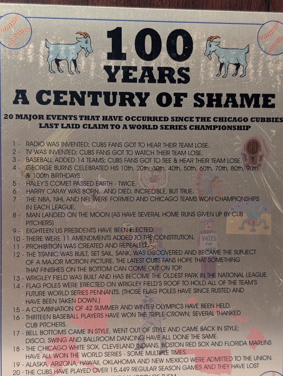 Vintage Chicago Cubs 100 Years of Shame No World Series Plaque Hilarious Funny