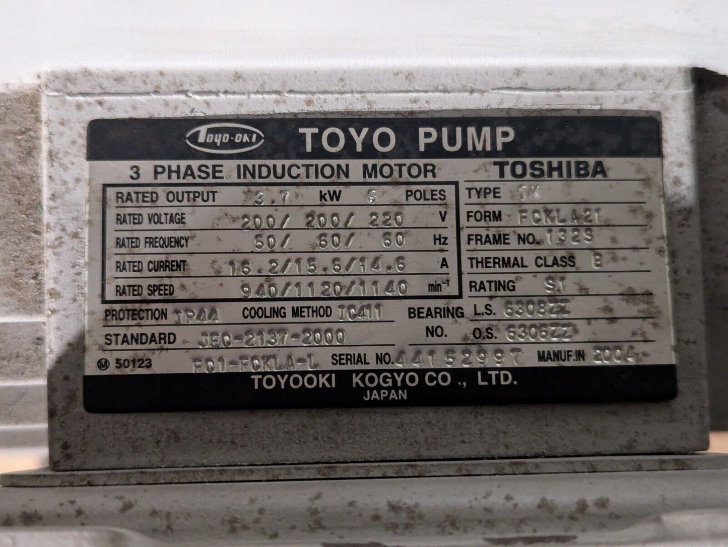 Toyo Toshiba IK FCKLA21 132S Induction Motor: 3.7KW 6 Pole 3PH 200/220V 940RPM