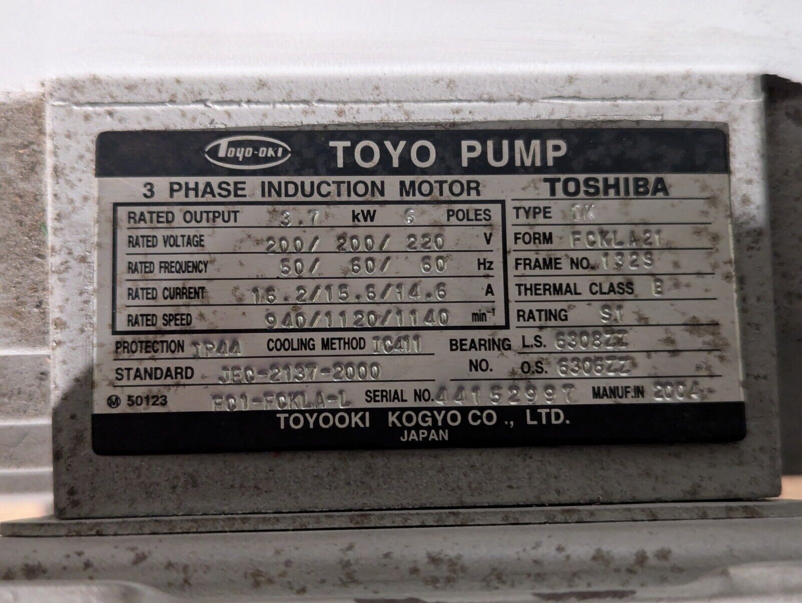 Toyo Toshiba IK FCKLA21 132S Induction Motor: 3.7KW 6 Pole 3PH 200/220V 940RPM