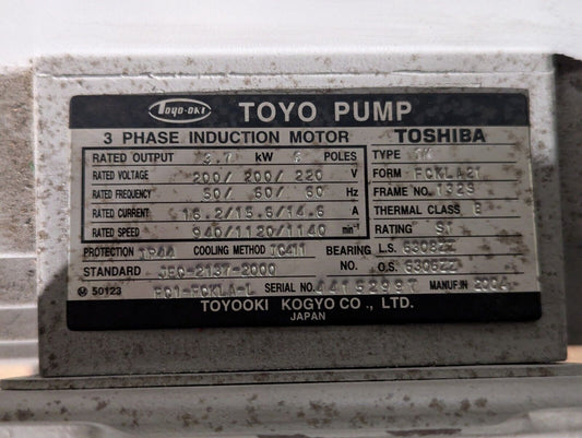Toyo Toshiba IK FCKLA21 132S Induction Motor: 3.7KW 6 Pole 3PH 200/220V 940RPM