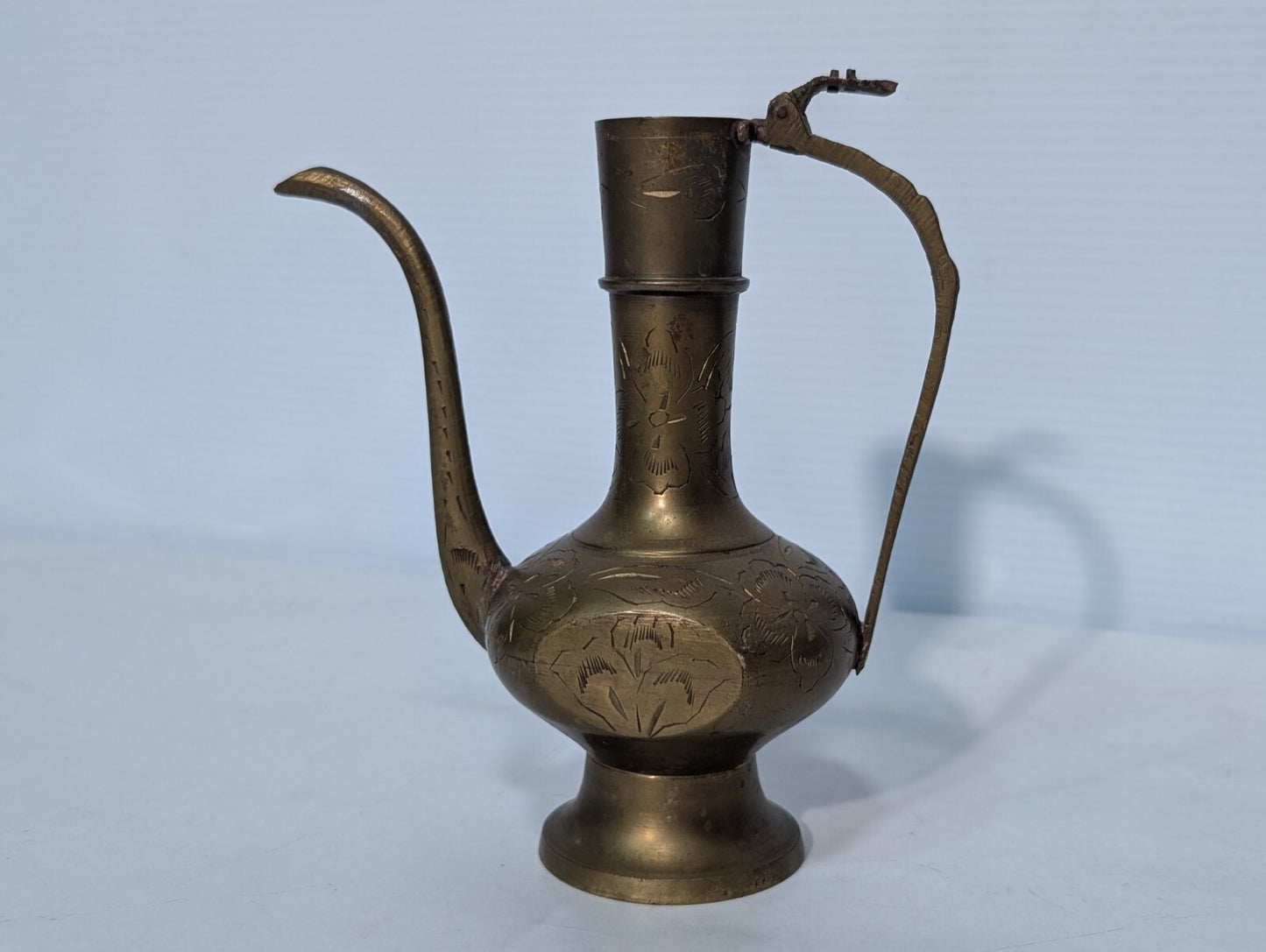 Vintage Moorish Brass Etched Indian Aftaba Ewer Water Pitcher 6.5" Tall