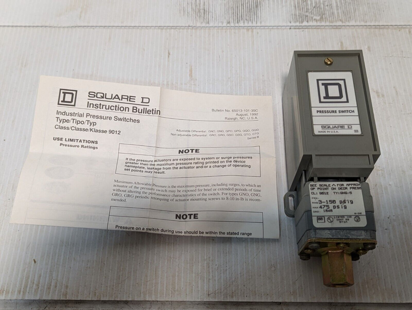 Square D 9012 GNG-5 Industrial Pressure Switch RNG 3-150 - Free Shipping+Returns