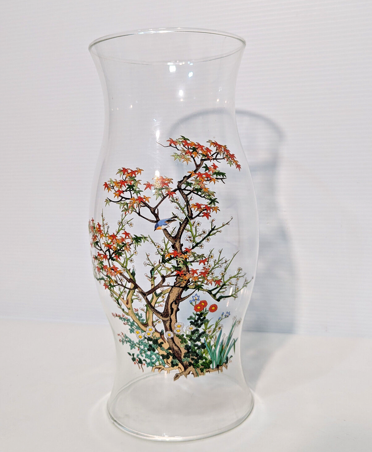 Vintage Hurricane Lamp Glass, Candle Cover, Chimney, Centerpiece, Bird, Foliage