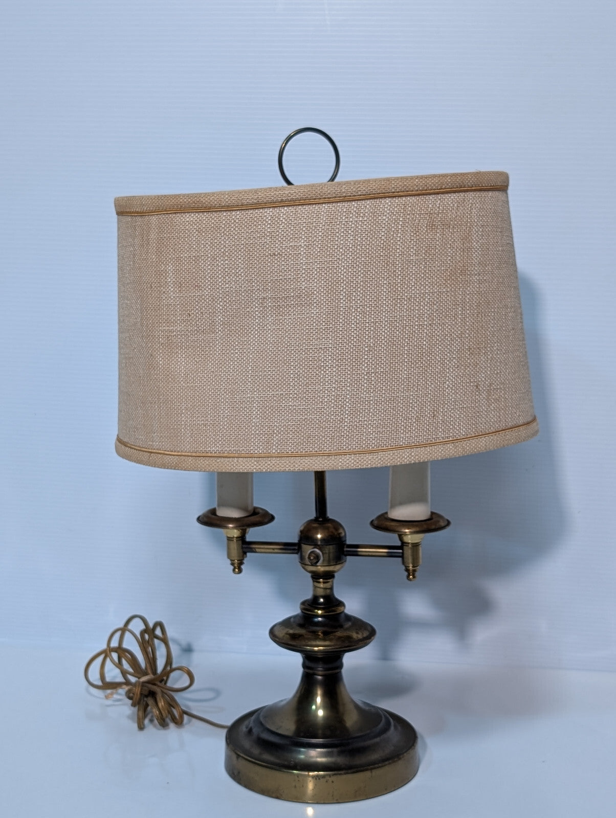 Vintage 1970s Brassy Double Candlestick Table Desk Lamp, Linen Shade, 6" Base