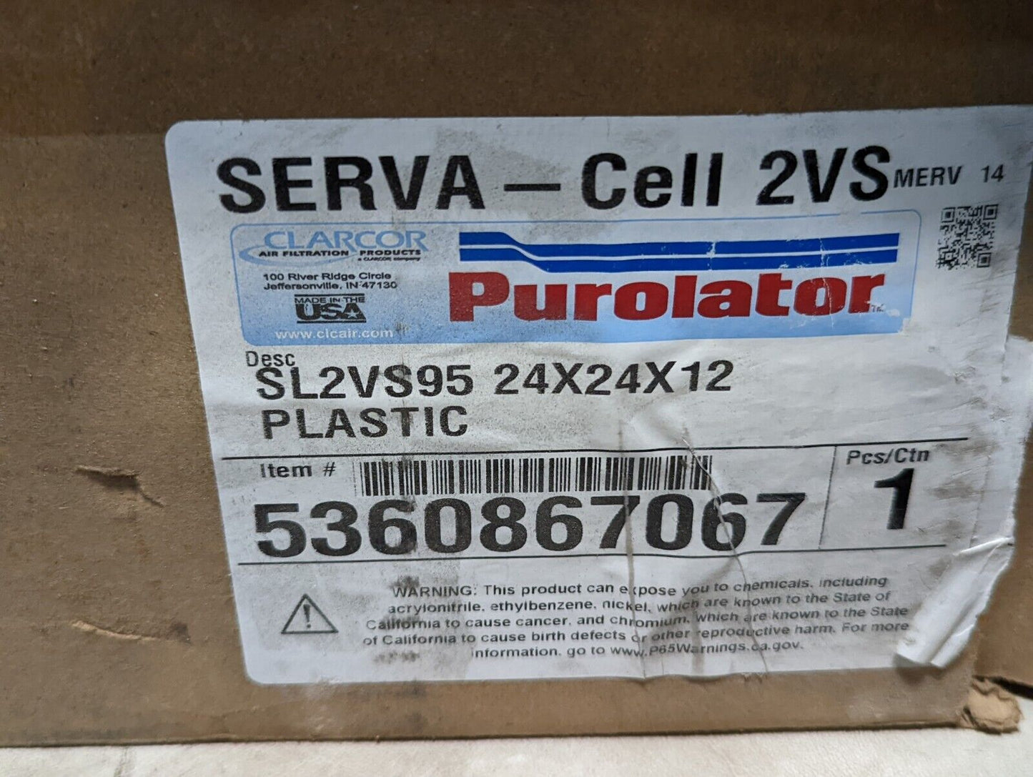 Purolator SL2VS95 24x24x12, plastic, item #5360867067, SERVA - Cell 2VS filter