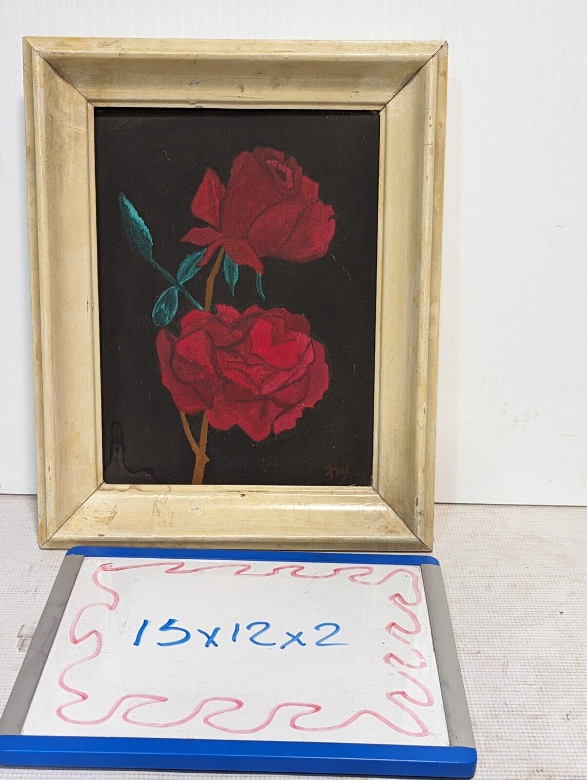 Vintage Painting on Canvas - Two Red Roses, Artist signed, 15"x 12" - Free Ship