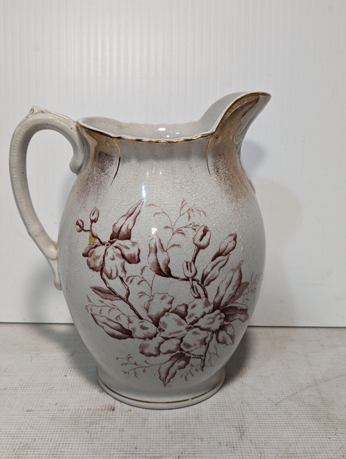 Fremont antique ceramic pitcher, White With Floral/Leaves Design