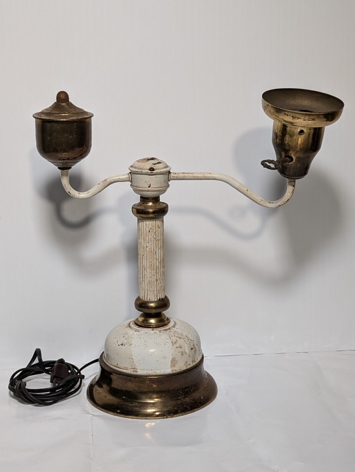 Unique Vintage Brass and White Table Lamp with Offset Swivel Light Bulb Socket