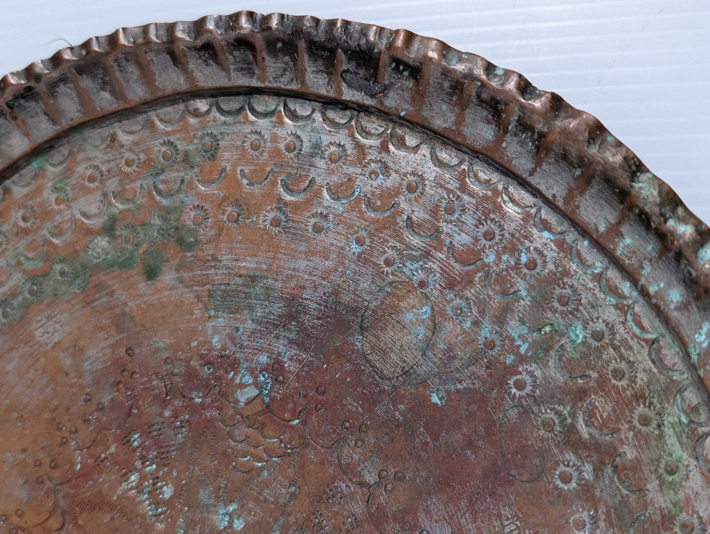 Vintage Hammered + Etched Copper Tray, Possibly Persian or Syrian, 13" Diameter