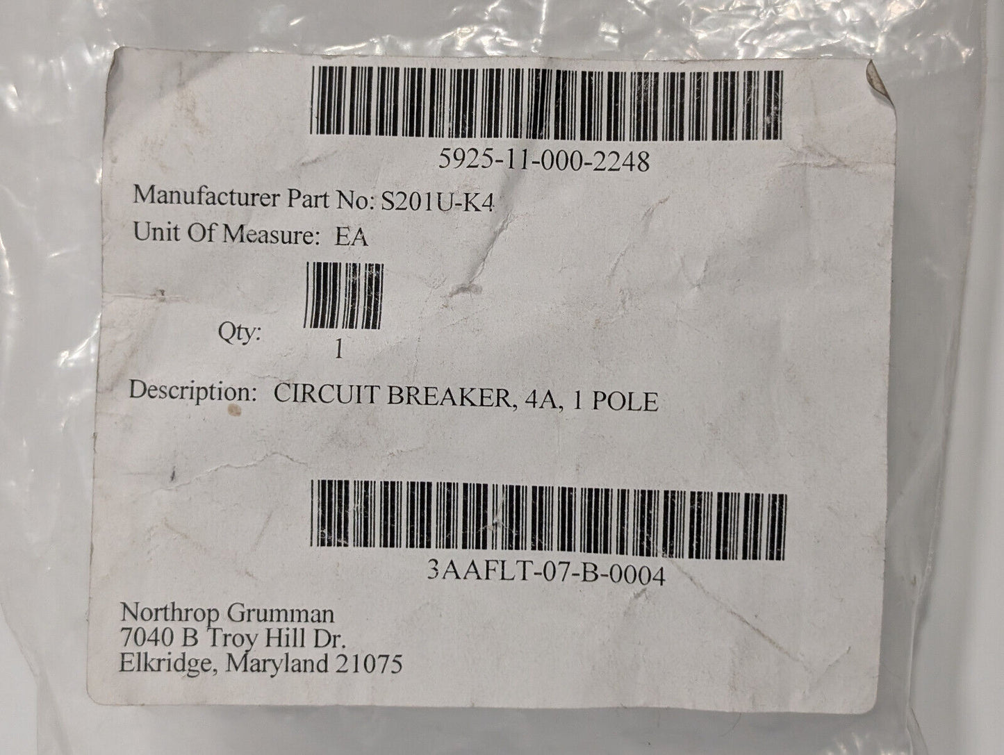 ABB S201U-K4 Circuit Breaker, 4A, 1 Pole, Made in Germany, 50/60 Hz, E212323