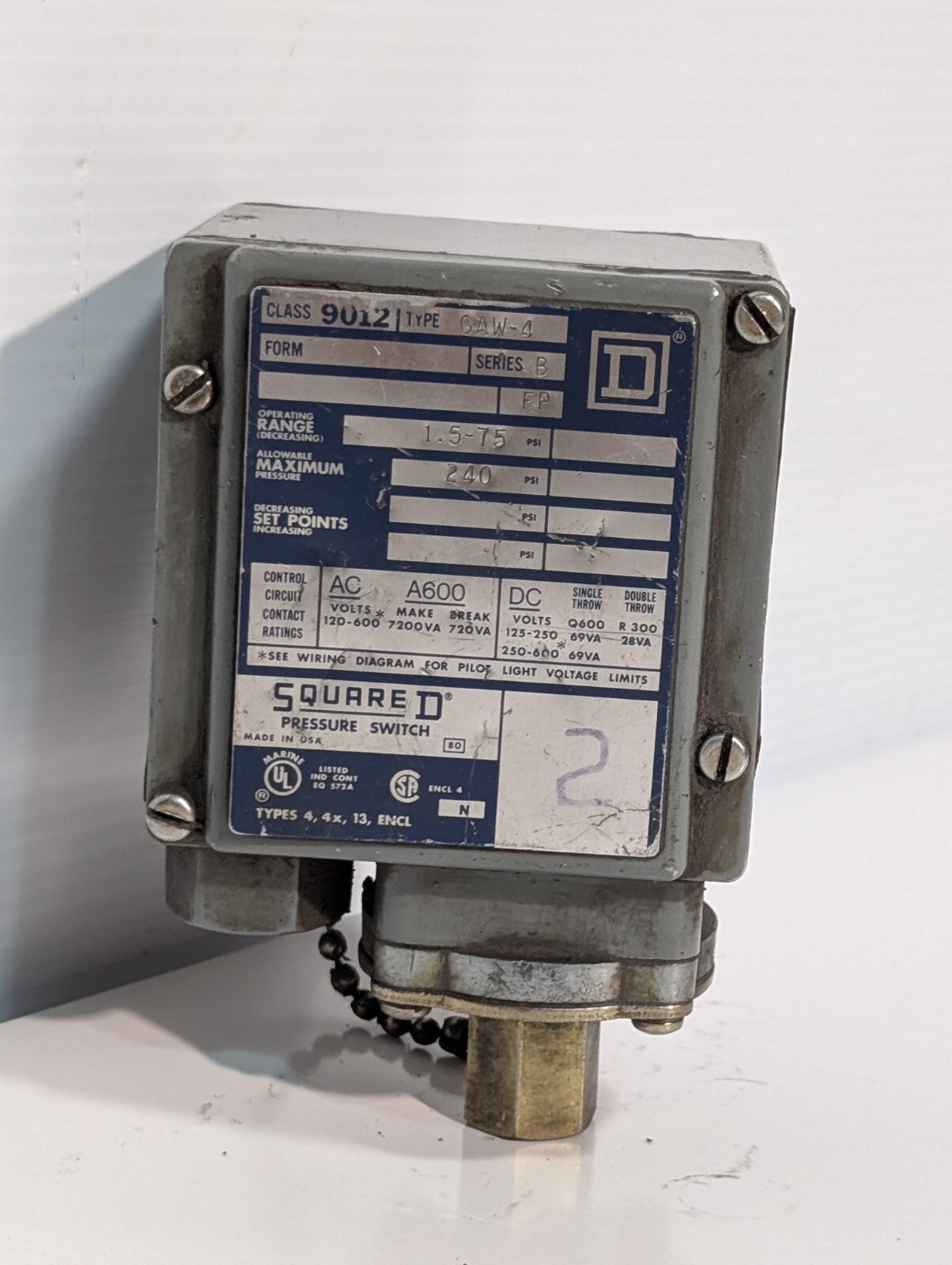 Square D 9012 GAW-4 Series C 9830 Pressure Switch 1.5-75 PSIG