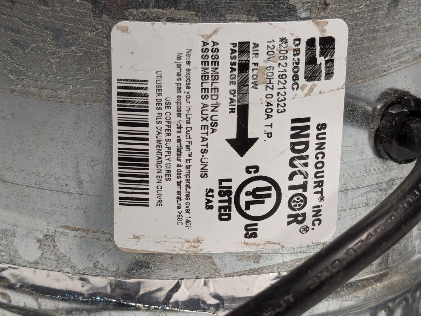 Suncourt DB206C in-line duct air booster fan, 120VAC, 60Hz, 0.4A as pictured