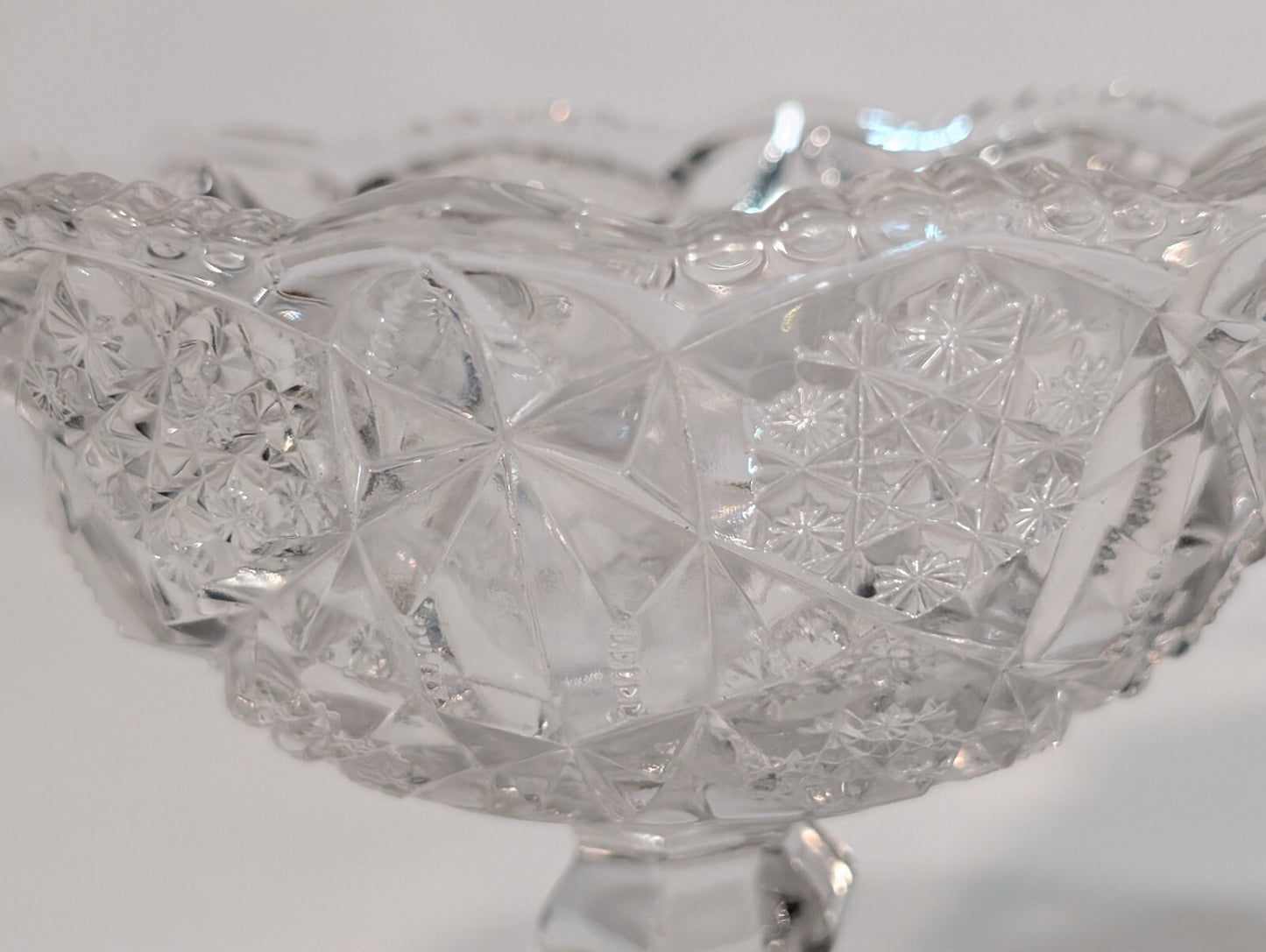 Vintage Clear Glass Crystal Candy Dish Snowflake Pattern Hexagon Pedestal Base