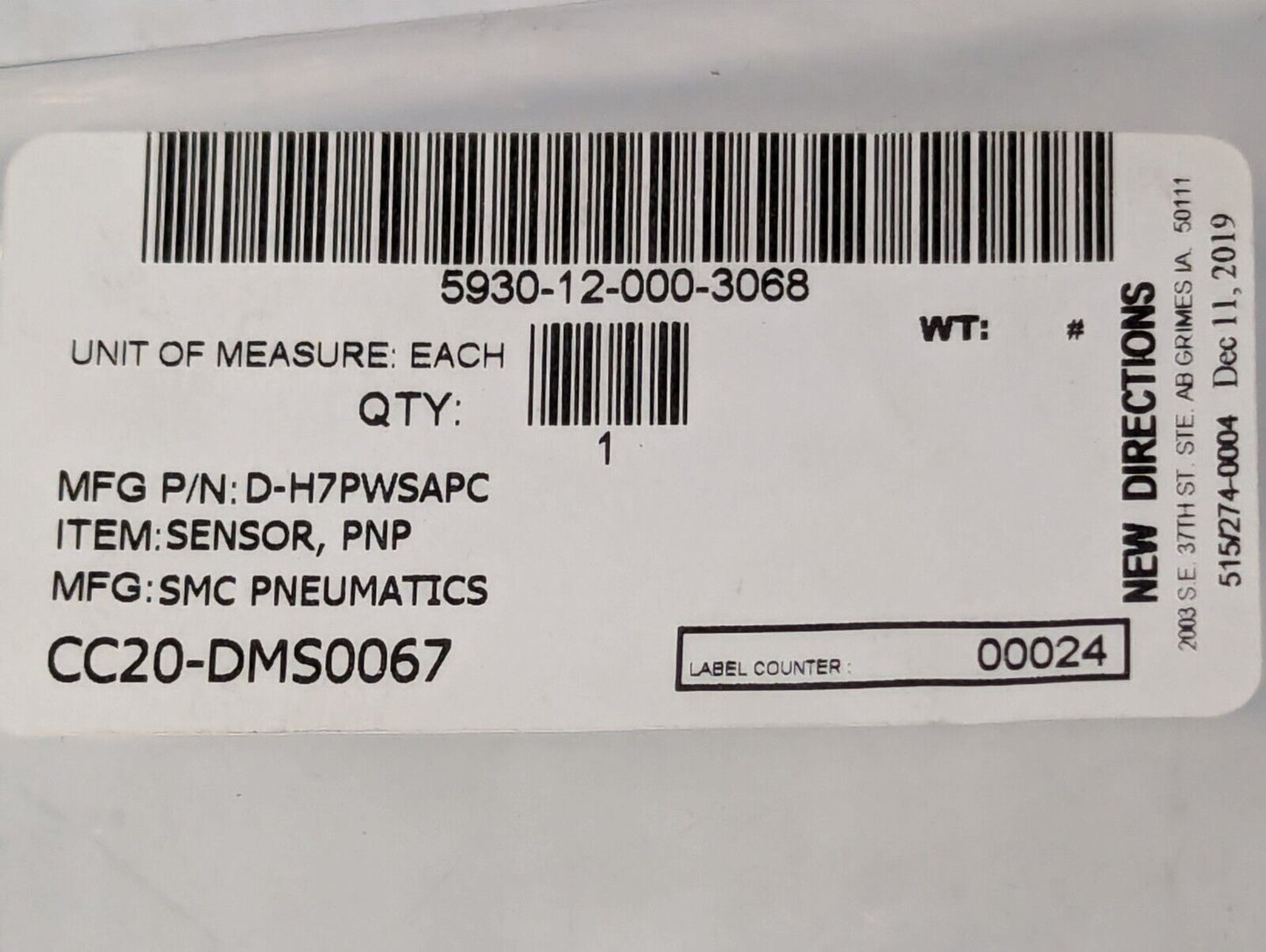 SMC Pneumatics D-H7PWSAPC Pneumatic Cylinder Sensor Switch - Free Shipping