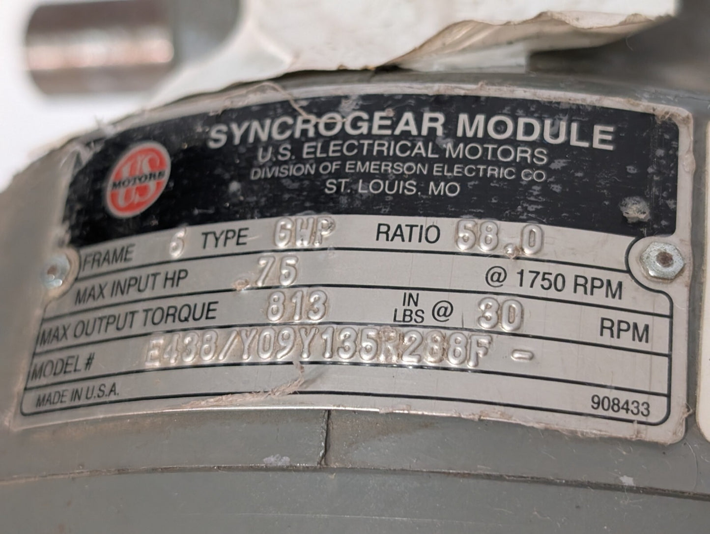 US Motor E180A Gear Motor, Unimount 125, 0.50hp, 1745rpm, SF: 1.35, Frame: 56