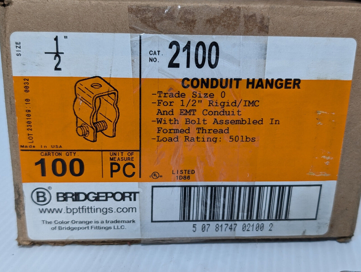100 Ct. box Bridgeport Fittings 2100 3/8"-1/2" Rigid Conduit Hangers, Free Ship.