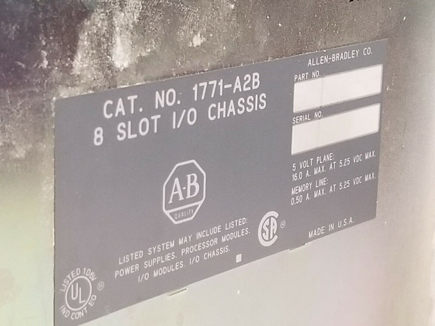 Allen Bradley 8 slot I/O PLC chassis, cat. no. 1771-A2B, with 8 cards, 120V