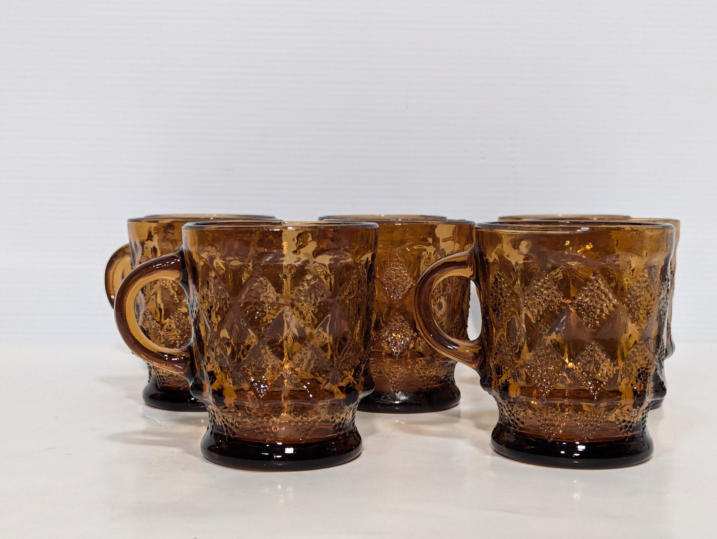 Vintage 8 Piece Anchor Hocking Amber Brown Glass Kimberly Diamond Cups Fire King