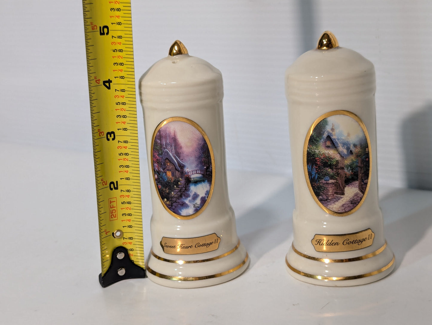 Thomas Kinkade Porcelain Salt and Pepper Shakers Sweet Heart, Hidden Cottage II