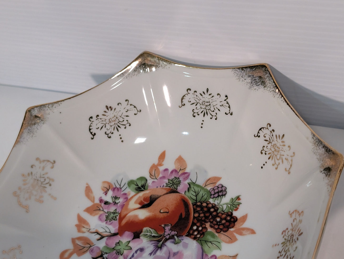 Vintage Antique Victorian Porcelain Bowl Plum Nectarine Berry Fruit Gold Tone