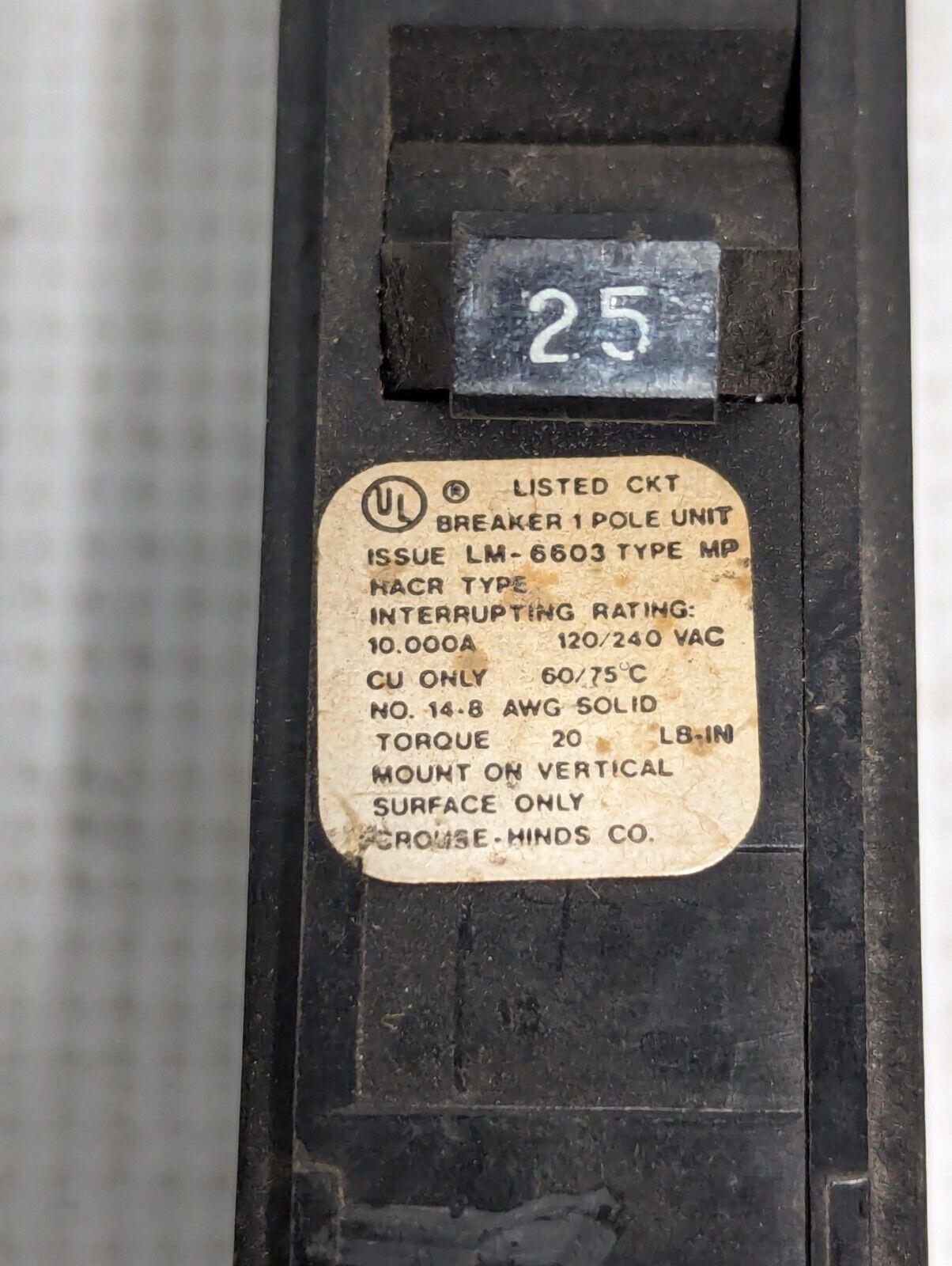 Lot of 5 Crouse-Hinds MP125 Circuit Breaker, 25A, 120/240VAC, 1-Pole - Free Ship