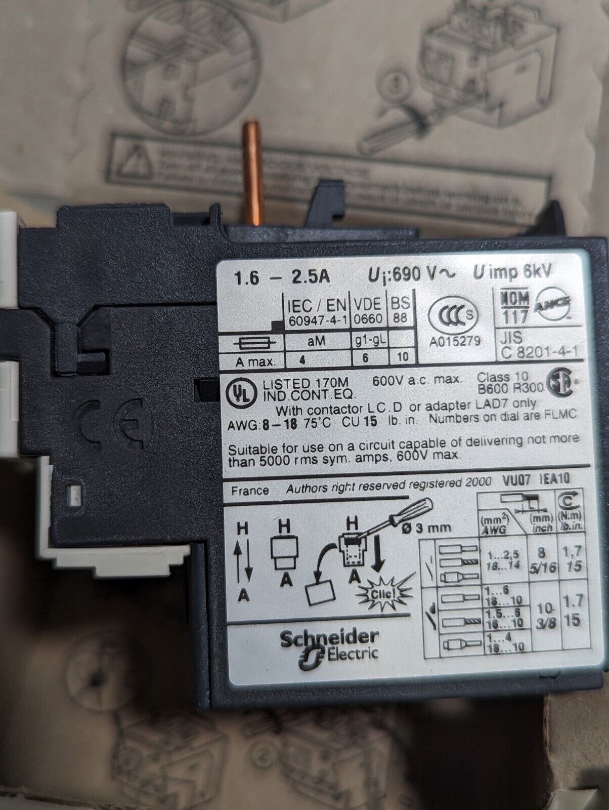 Telemecanique/Schneider Electric LRD07 Thermal Relay 1.6-2.5A, 690VAC, Class 10