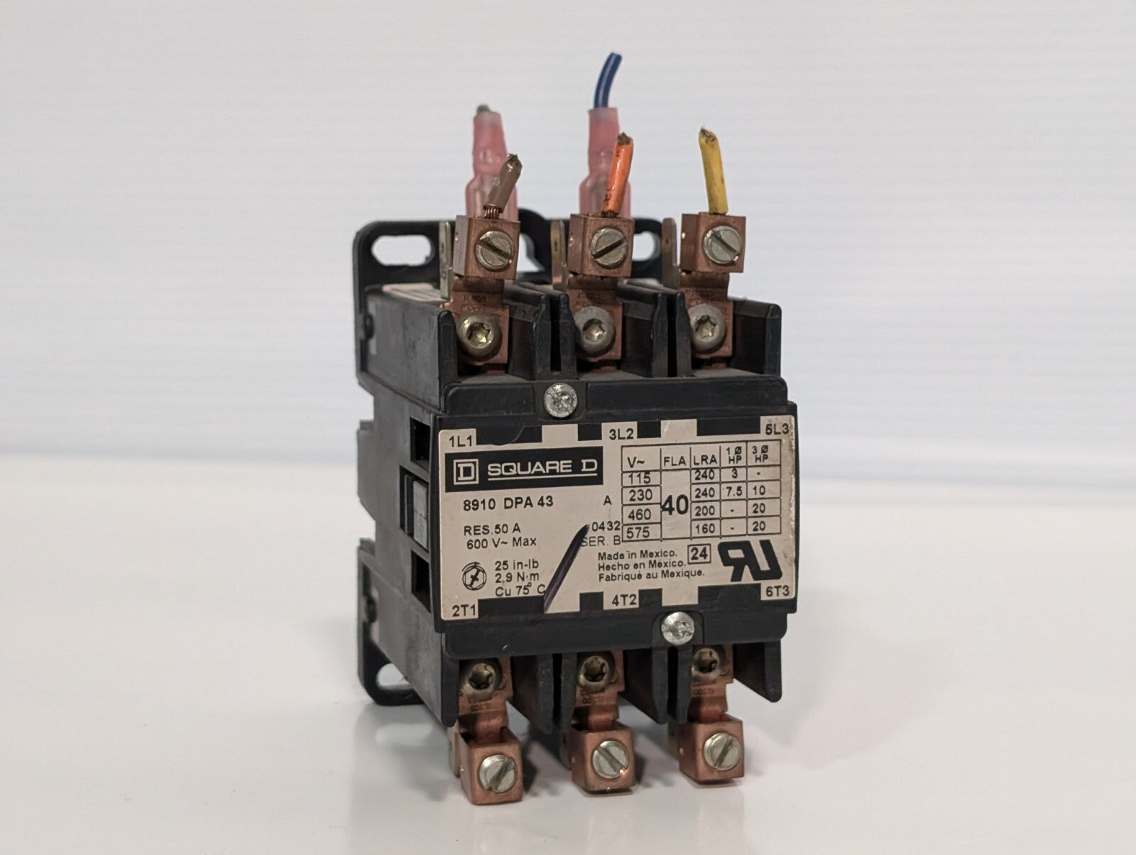 Square D 8910DPA43 Definite Purpose Contactor 50A Res, 40A, 3 Pole, Box Lug Term