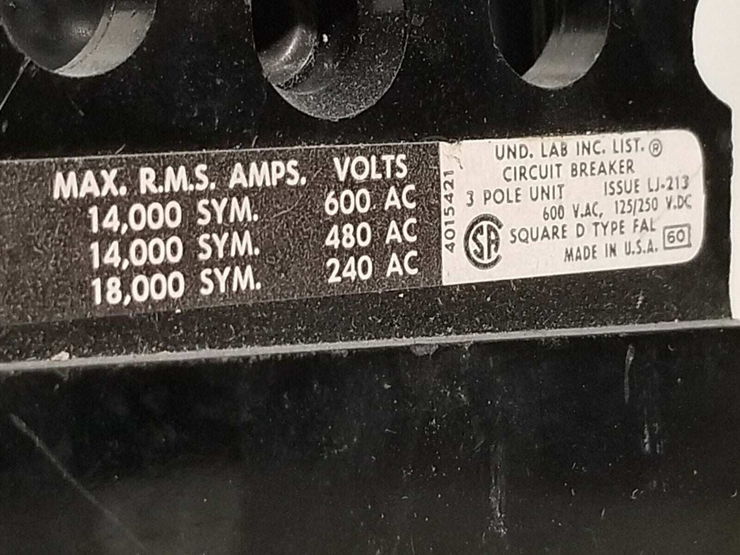 Square D FAL36015 circuit breaker, 15 amps, 3 poles, 600VAC, 125/250VDC