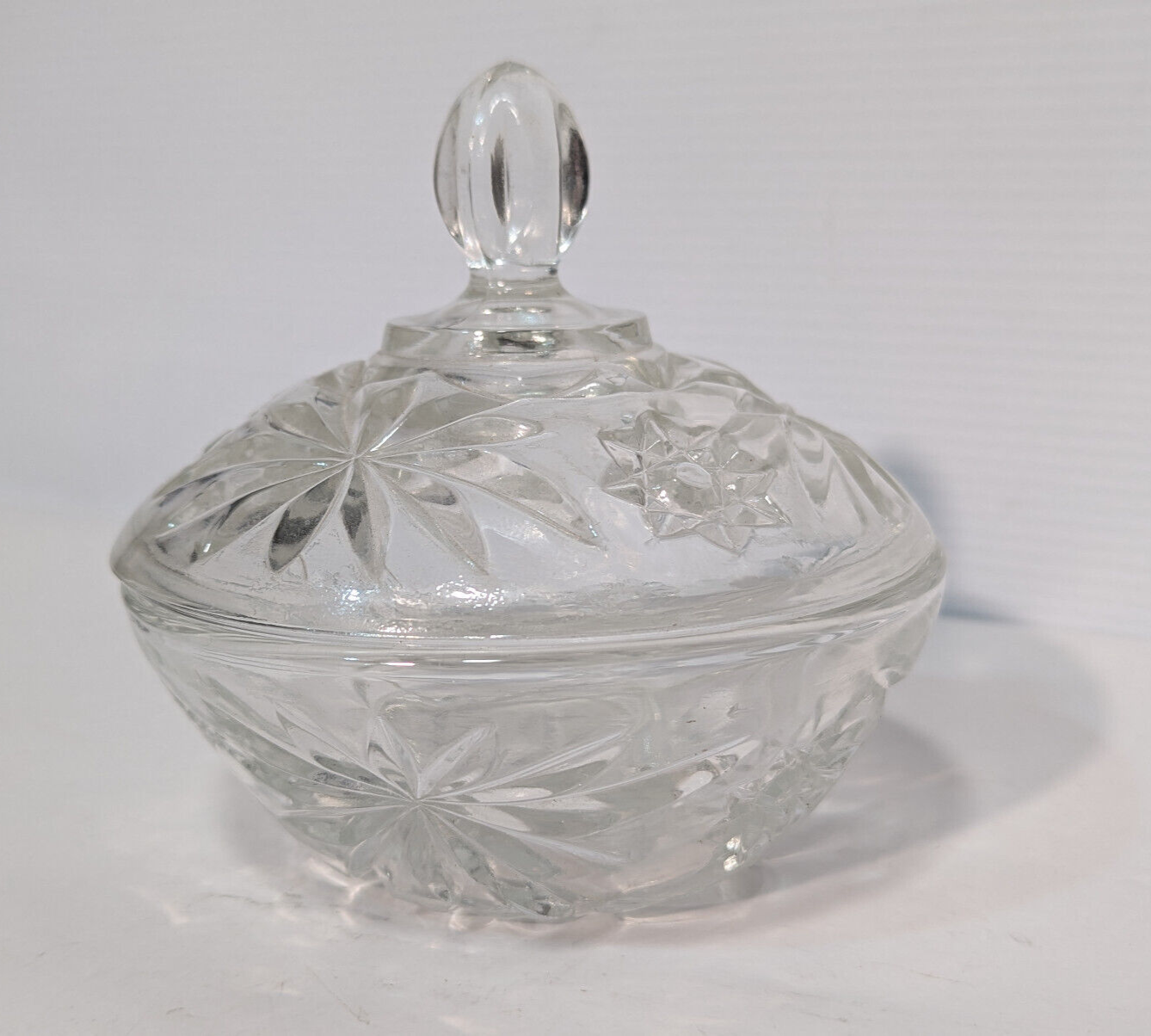 Vintage Antique Crystal Clear Glass Candy Dish, Snack Jar, Lid, Starburst Design
