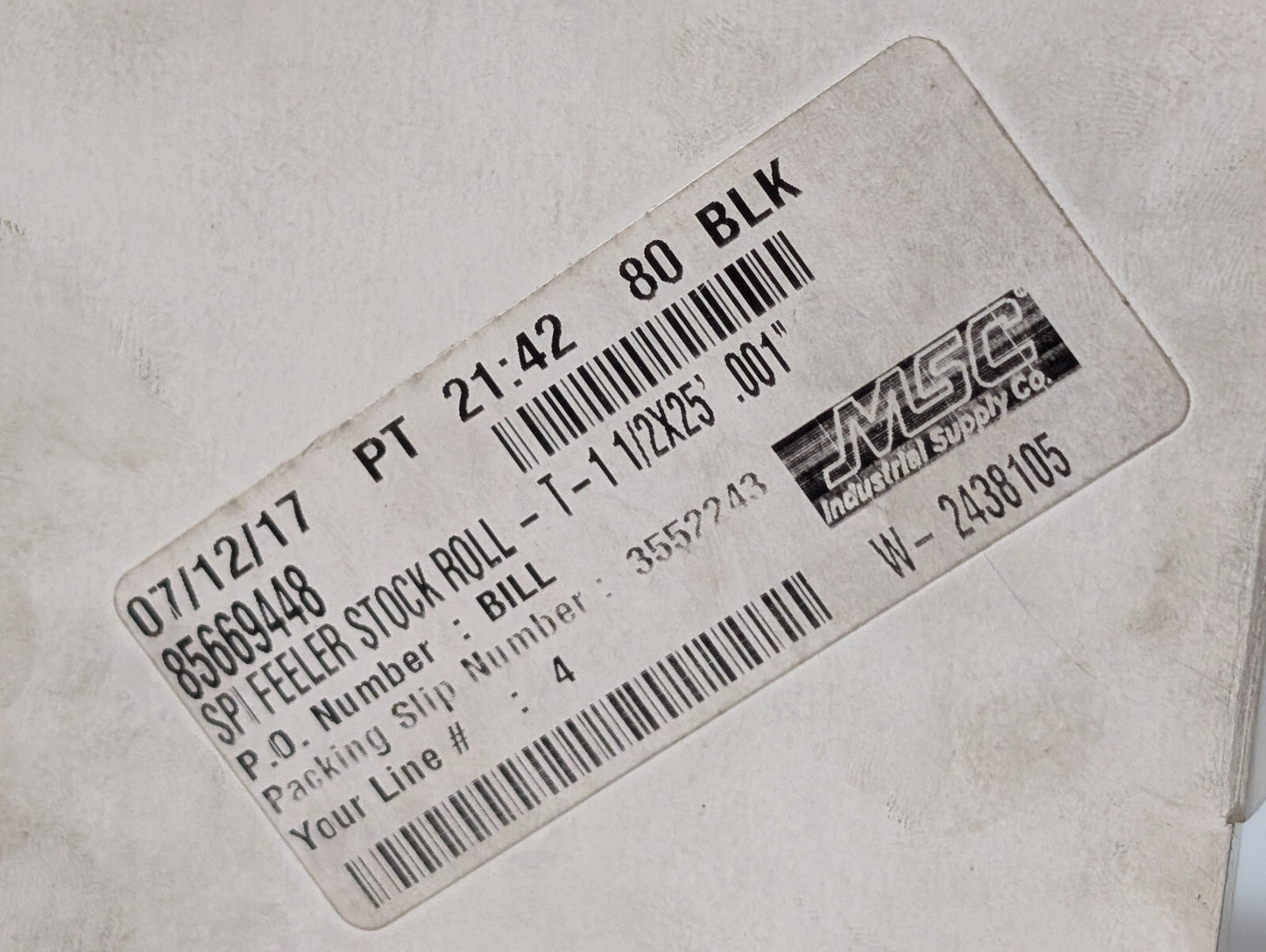 SPI 91-416-8 High Carbon Steel Feeler Stock Roll 1/2"W, 25'L, .001 Thick Coil