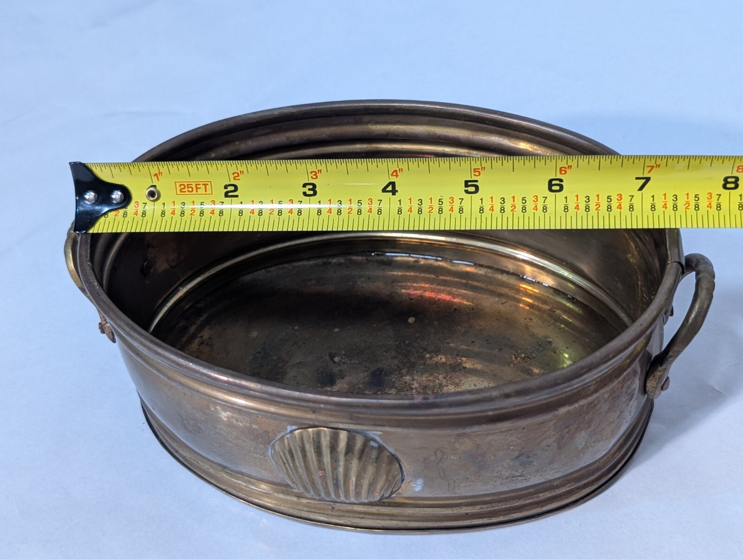 Vintage Brass Oval Planter Bucket/Tub With Handles, Scallop Imprint