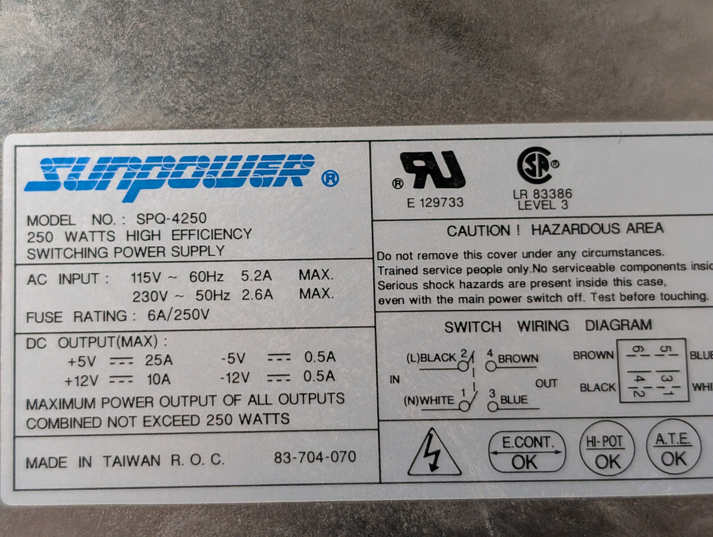 Sunpower SPQ-4250 High Efficiency Switching Power Supply, 250W, Marsh RP29423