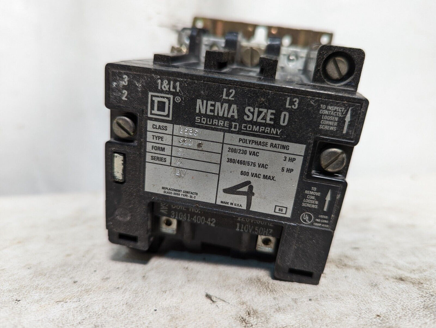 Square D 85360SBO contactor, NEMA size 0, with 110/120VAC coil