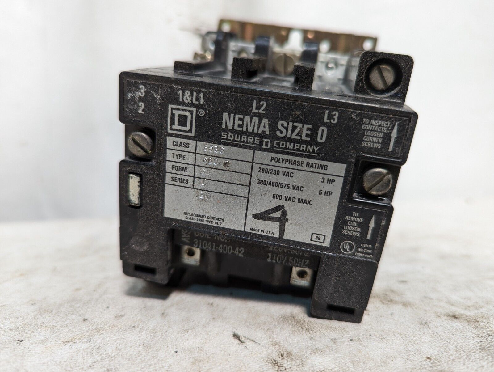 Square D 85360SBO contactor, NEMA size 0, with 110/120VAC coil