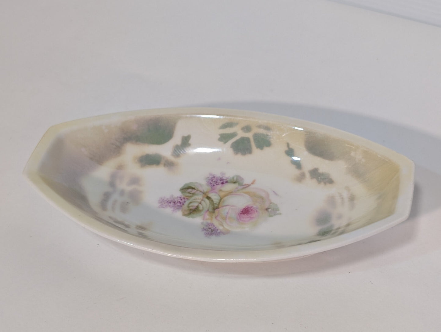 Vintage Three Crowns Germany Floral Porcelain Oval Dish China Luster Ware
