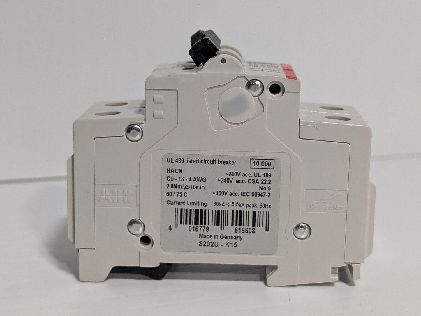 ABB S202U-K15 Circuit Breaker, 2-Pole, 240 VAC, 15 A, E212323, 50/60 Hz