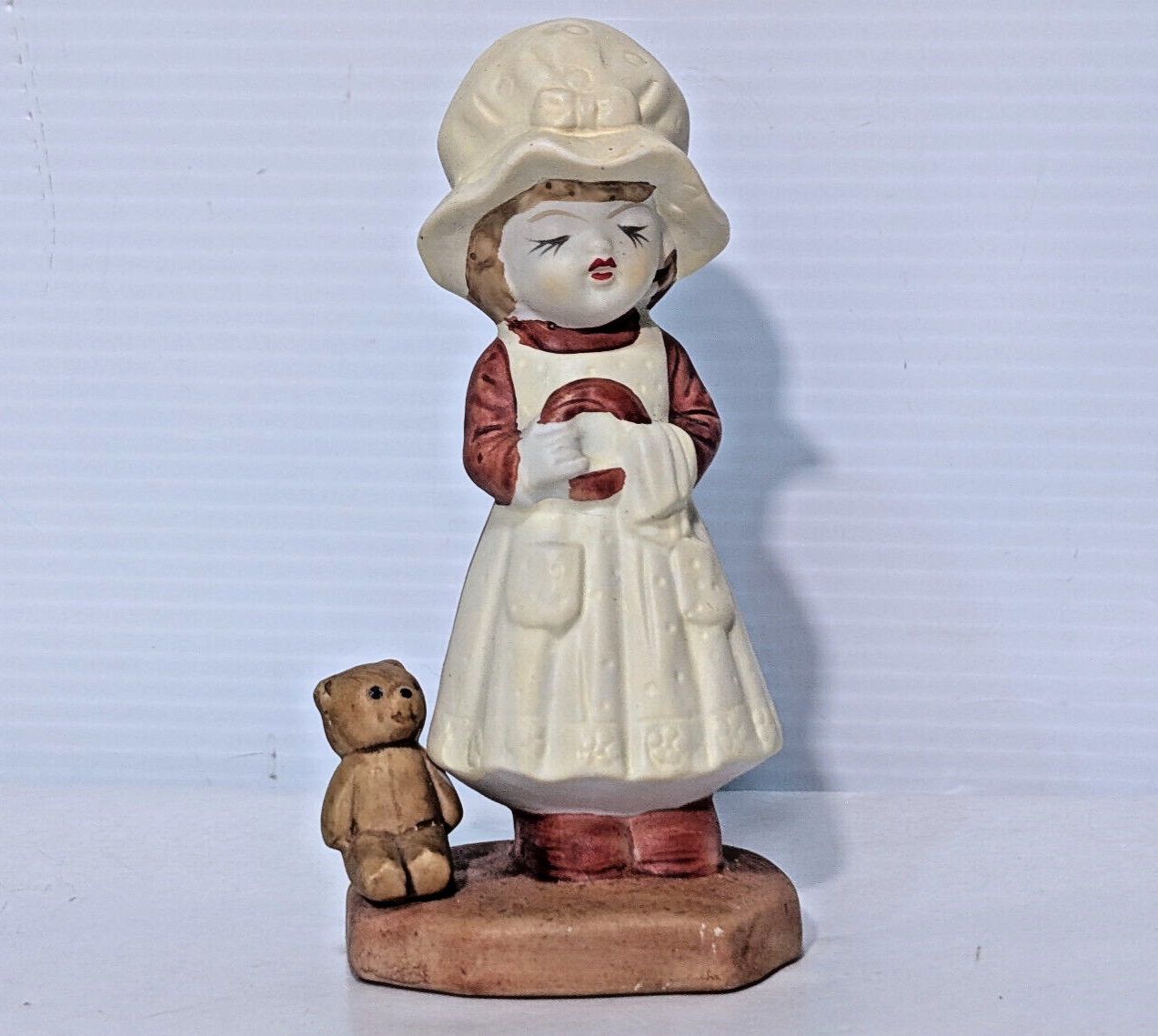 Vintage Ceramic Figurine Girl, Teddy Bear, Chores, Bonnet, Holly Hobbie, 1970s