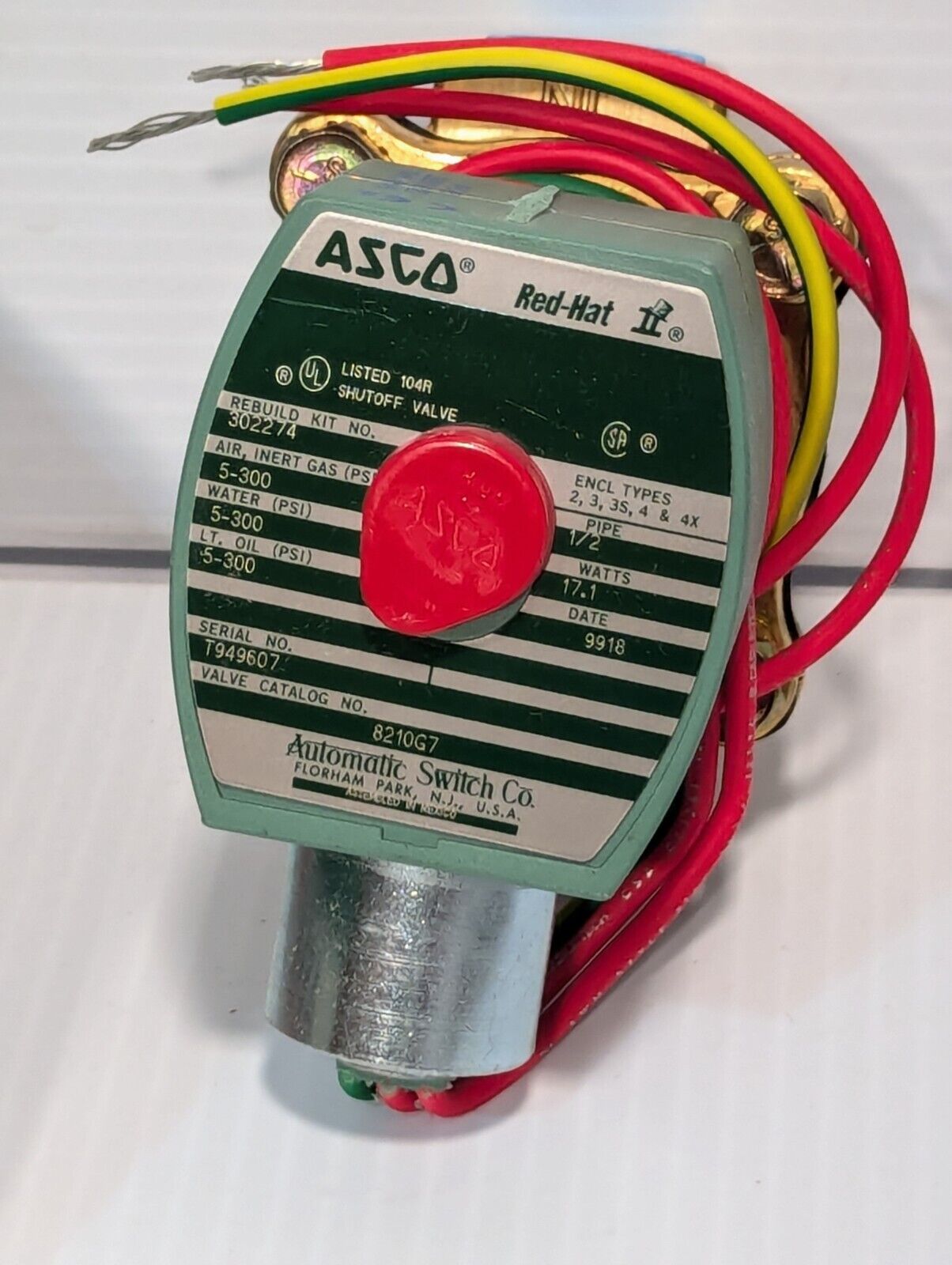 ASCO 8210G7 solenoid valve, 5-300 PSI WOG, 1/2 in, 110/120VAC - Free Shipping