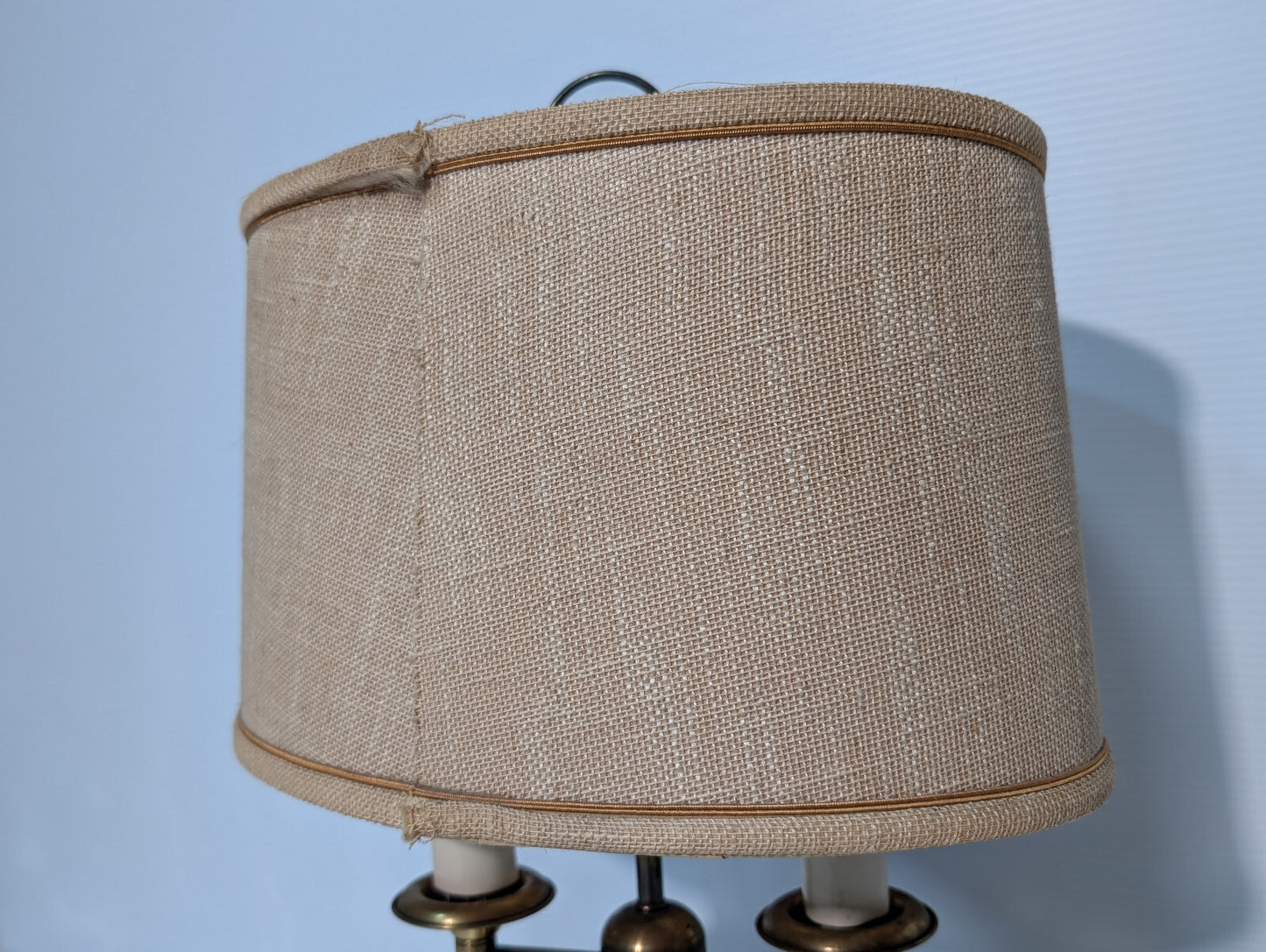 Vintage 1970s Brassy Double Candlestick Table Desk Lamp, Linen Shade, 6" Base