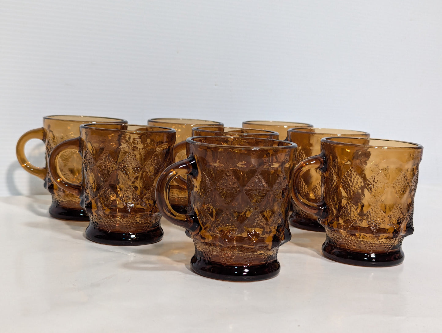 Vintage 8 Piece Anchor Hocking Amber Brown Glass Kimberly Diamond Cups Fire King