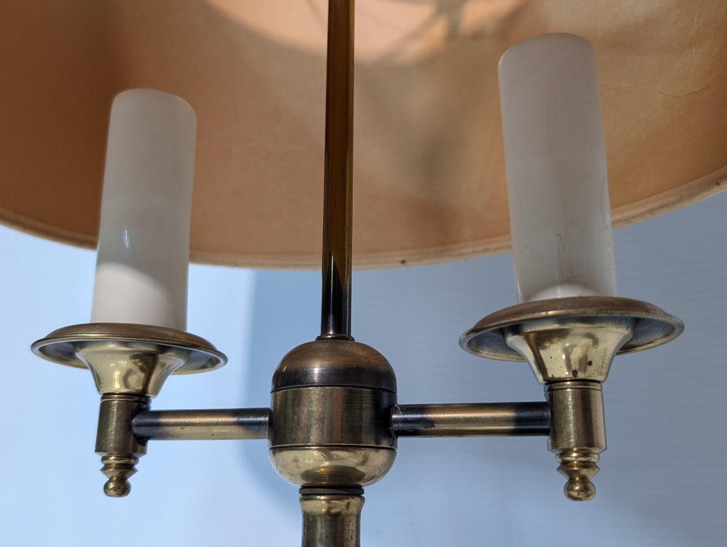Vintage 1970s Brassy Double Candlestick Table Desk Lamp, Linen Shade, 6" Base