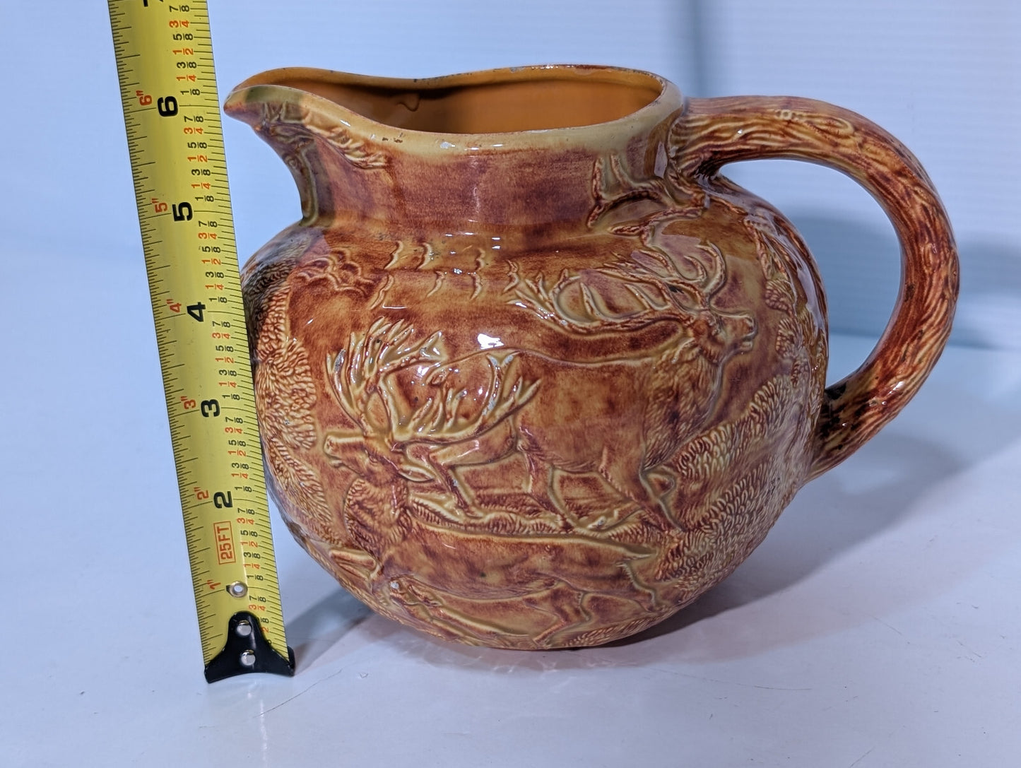 Vintage Brown Glazed Pottery Pitcher Elk, Deer, Buck, Hunters, Forest Wood Scene