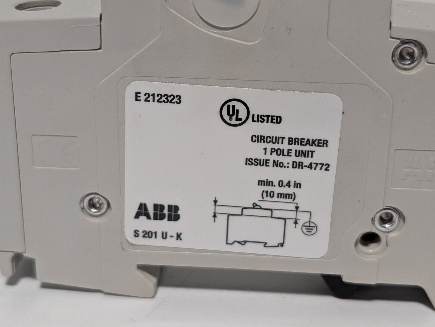 ABB S20-1U-K10, 1 Pole Circuit Breaker, 10 A, 162K853HG1, E212323, UL489 Listed