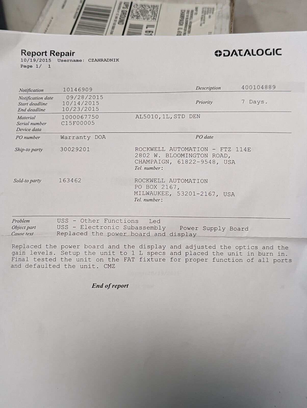 Datalogic AL5010 barcode scanner, 1L, STD DEN, P/N 1000067750